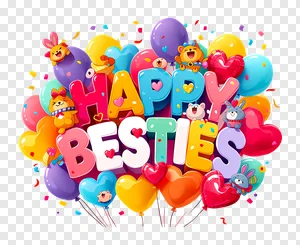 Happy Besties Colorful 3D Typography with Cute Animals and Balloons PNG PNG image